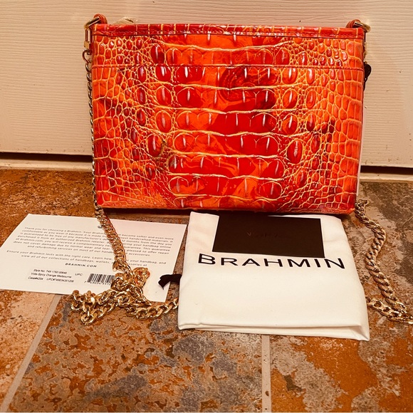 🍊NWT! SALE! Brahmin Spicey Orange Leather Croc Embossed Crossbody/Gold Accents!! - Picture 6 of 13